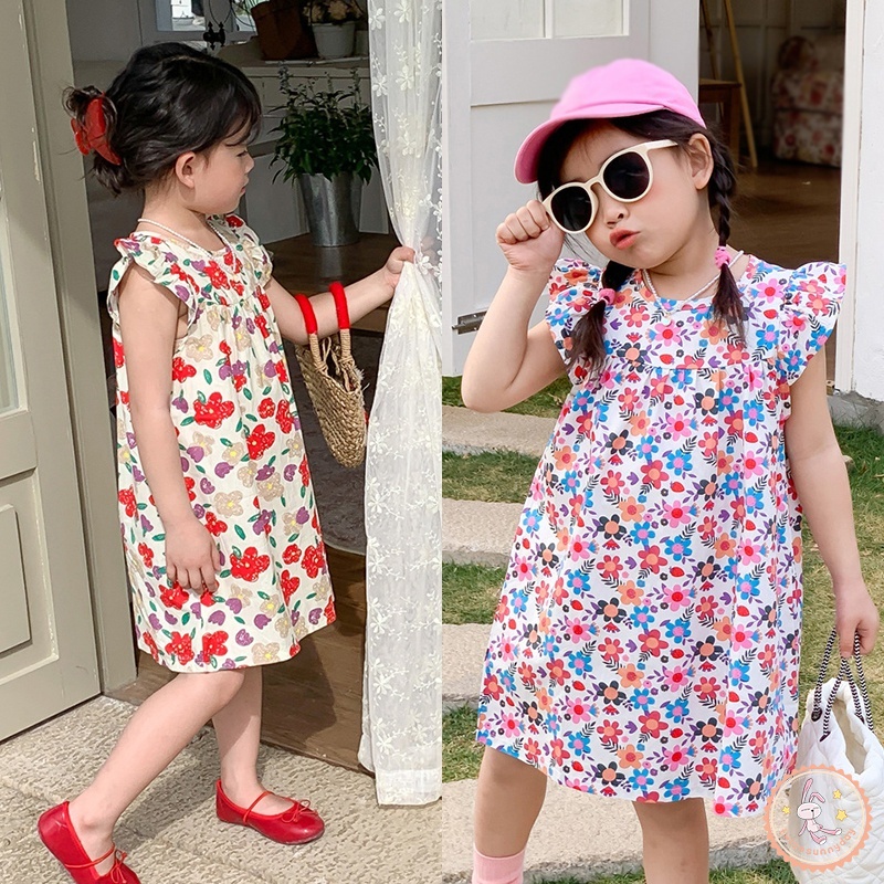 Đầm Công Chúa Mùa Hè Tay Phồng Có Diềm Xếp Nếp Phong Cách Hàn Quốc Cho Bé Gái