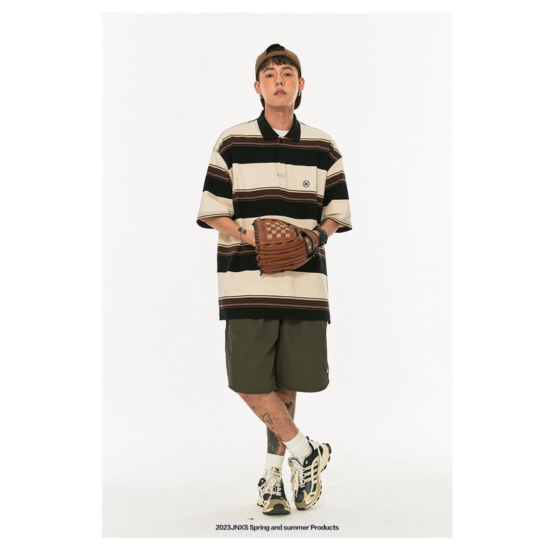 Áo Thun polo Ngắn Tay Form Rộng Họa Tiết Kẻ Sọc Màu Sắc Tương Phản Phong Cách Hong Kong Cho Nam