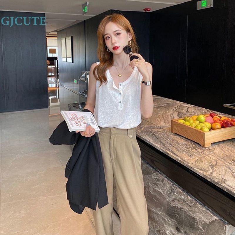 Áo Hai Dây Mùa Hè Dáng Suông Cài Nút Màu Trơn Cho Nữ