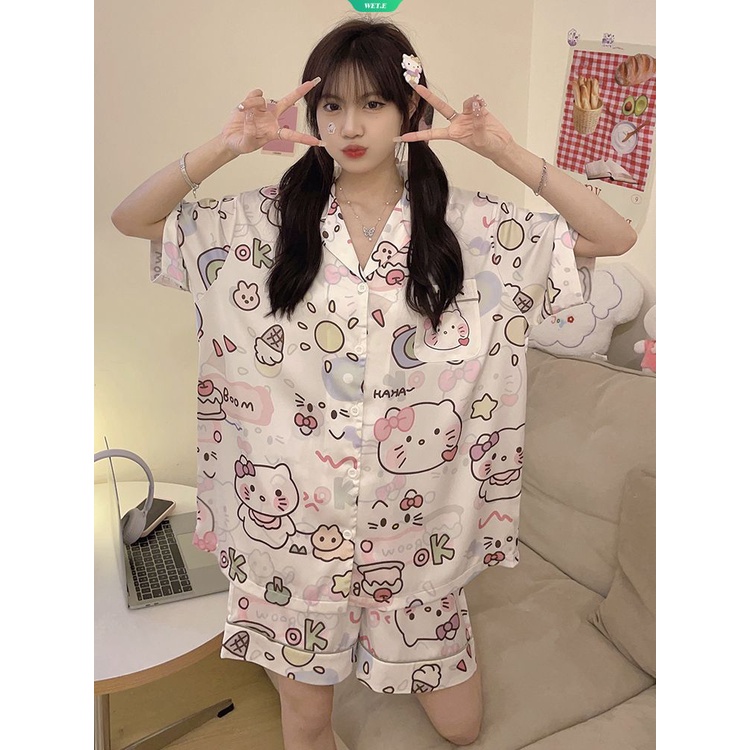 Phong cách Hàn Quốc thời trang mới ngọt ngào đồ ngủ nữ Hello Kitty mùa hè 2023 áo nịt ngắn tay quần short ngắn tay xu hướng giản dị bộ đồ mặc nhà