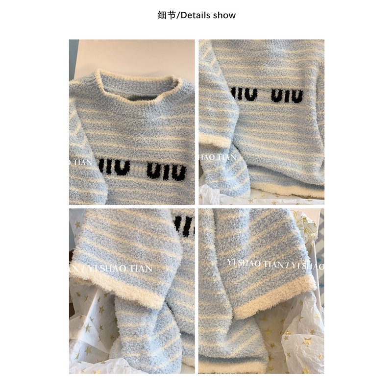 Áo Sweater Tay Ngắn In Chữ Màu Xanh Dương Và Trắng Ngọt Ngào Thời Trang Mùa Hè 2023 Mới Dành Cho Bạn Nữ