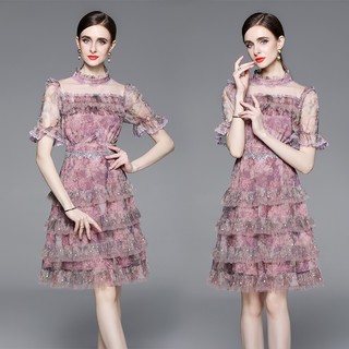 Đầm Chiffon Tay Ngắn Dáng Chữ A Lưng Cao Phối Lưới In Họa Tiết Thời Trang Mùa Hè Quyến Rũ Cho Nữ