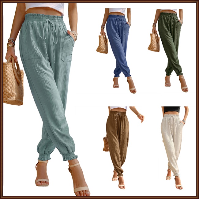 Quần Jogger Lưng Cao Dáng Rộng Có Túi Màu Sắc Đơn Giản Thoáng Khí Thời Trang Cho Nữ