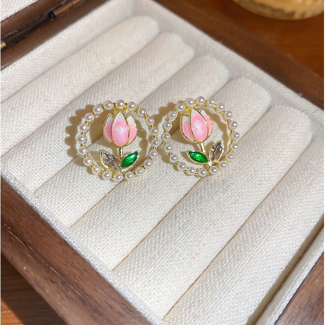 Khuyên Tai Hình Hoa Tulip Đính Ngọc Trai Nhân Tạo Màu Sắc Ngọt Ngào Phong Cách Hàn Quốc Dành Cho Nữ