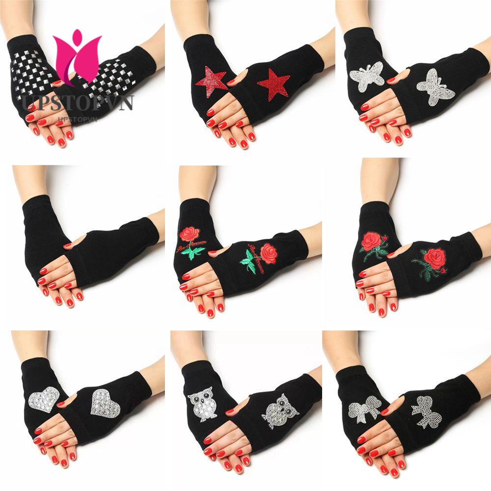 UPSTOPVN Găng Tay Len Hở Ngón Màu Đen Họa Tiết Hoa Hồng