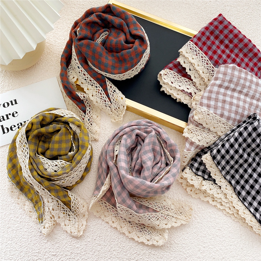 Khăn Choàng Cổ Vải Lanh Cotton Sọc Ca Rô Viền Ren Thời Trang Hàn Quốc Cho Nữ