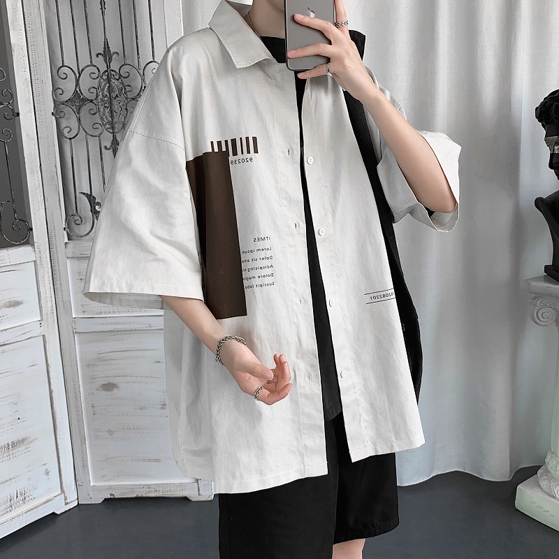 Áo Sơ Mi Tay Lửng Dáng Rộng Màu Sắc Phong Cách Harajuku Nhật Bản Thời Trang Mùa Hè Dành Cho Nam