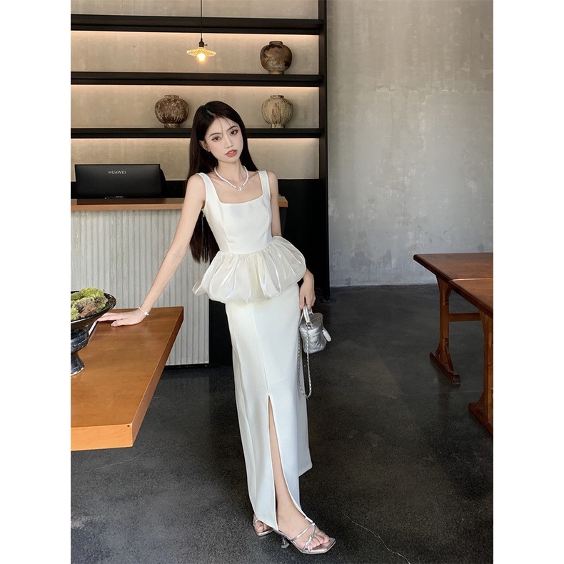 Set áo bí chân váy midi trắng 💖 KÈM ẢNH THẬT