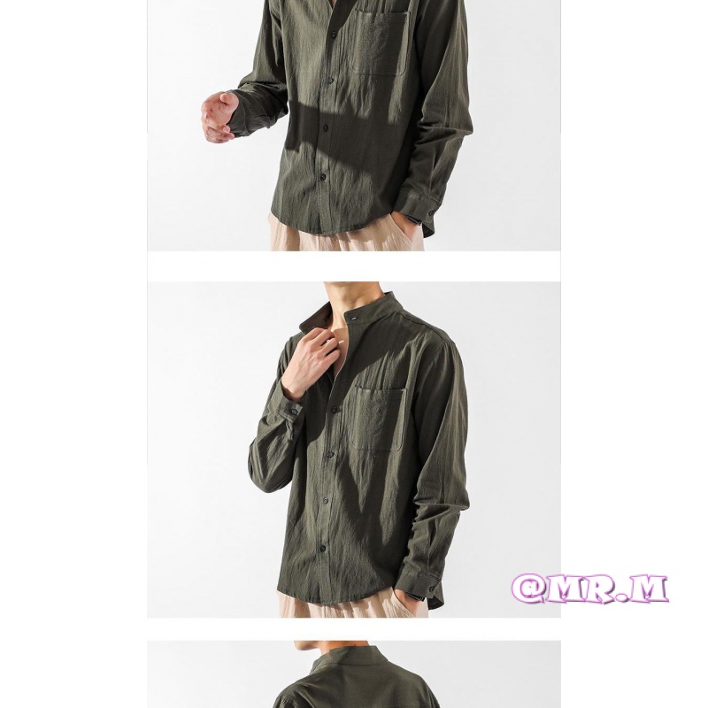Áo Sơ Mi Cotton Lanh Mỏng Tay Dài Cổ Đứng Dáng Ôm Phong Cách Retro Nhật Bản Cho Nam Giới