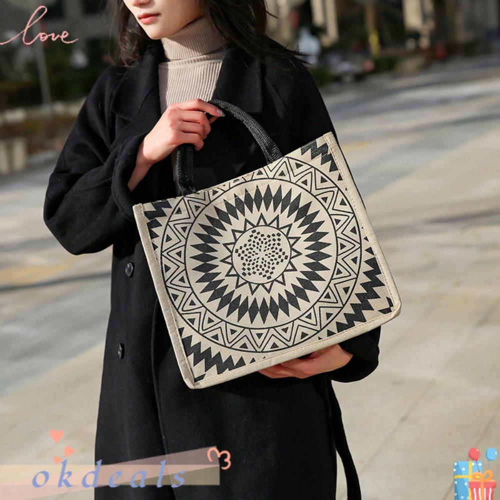 OKDEALS Túi Xách Vải Sợi Đay In Họa Tiết Có Tay Cầm Thời Trang Cho Nữ