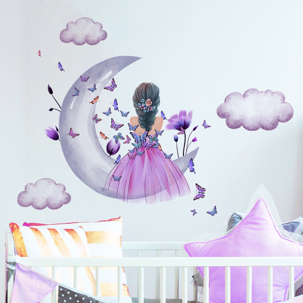 Set 2 Miếng Dán Tường Trang Trí Hình Cô Gái Và Bướm / Đám Mây / Mặt Trăng Tự Dính Tháo Rời Được