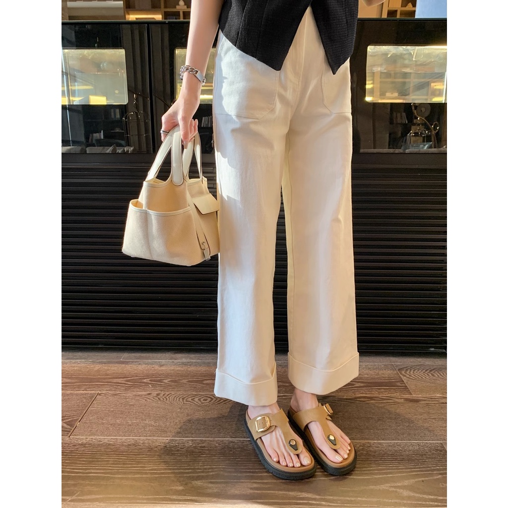 Duoya Tóc Thẳng ~ [Hàng Có Sẵn] [Hàng Có Sẵn] Dép Xỏ Ngón Bằng Da Mềm Mại Có Khóa Cài Dày Dặn Đi Biển Cho Nữ Miễn Phí Vận Chuyển