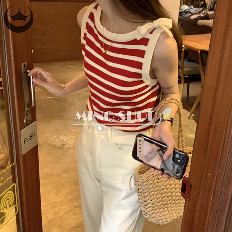 Áo Dệt Kim Sát Nách Cổ Tròn Họa Tiết Kẻ Sọc Thời Trang Mùa Hè Cho Nữ