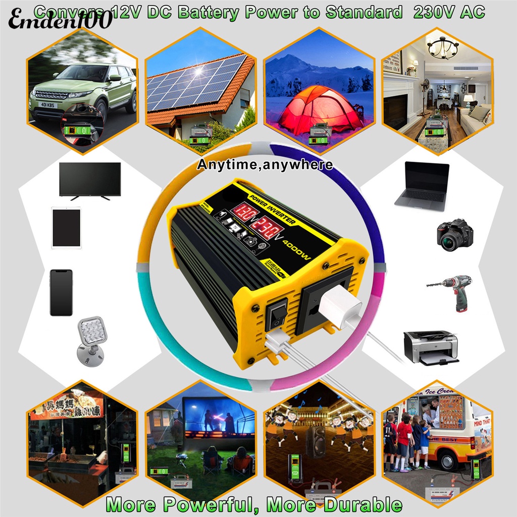 Bộ Chuyển Đổi Nguồn Điện DC 12V Sang AC 220V / 110V Hai Cổng USB 4000W Cho Xe Hơi