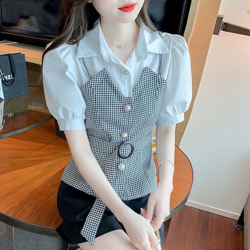 Áo Sơ Mi Chiffon Tay Ngắn Họa Tiết Sọc Caro Phong Cách Vintage Thời Trang Công Sở Cho Nữ