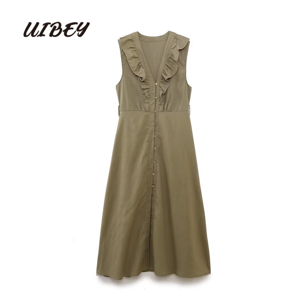 Uibey Đầm Lưng Cao Cổ Chữ V Xếp Chồng Lên Nhau Thời Trang 3379