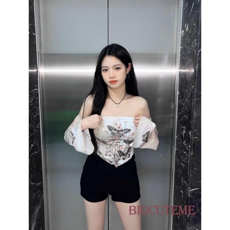Áo Croptop Trễ Vai Dài Tay In Họa Tiết Hoa Bướm Thời Trang Dành Cho Nữ