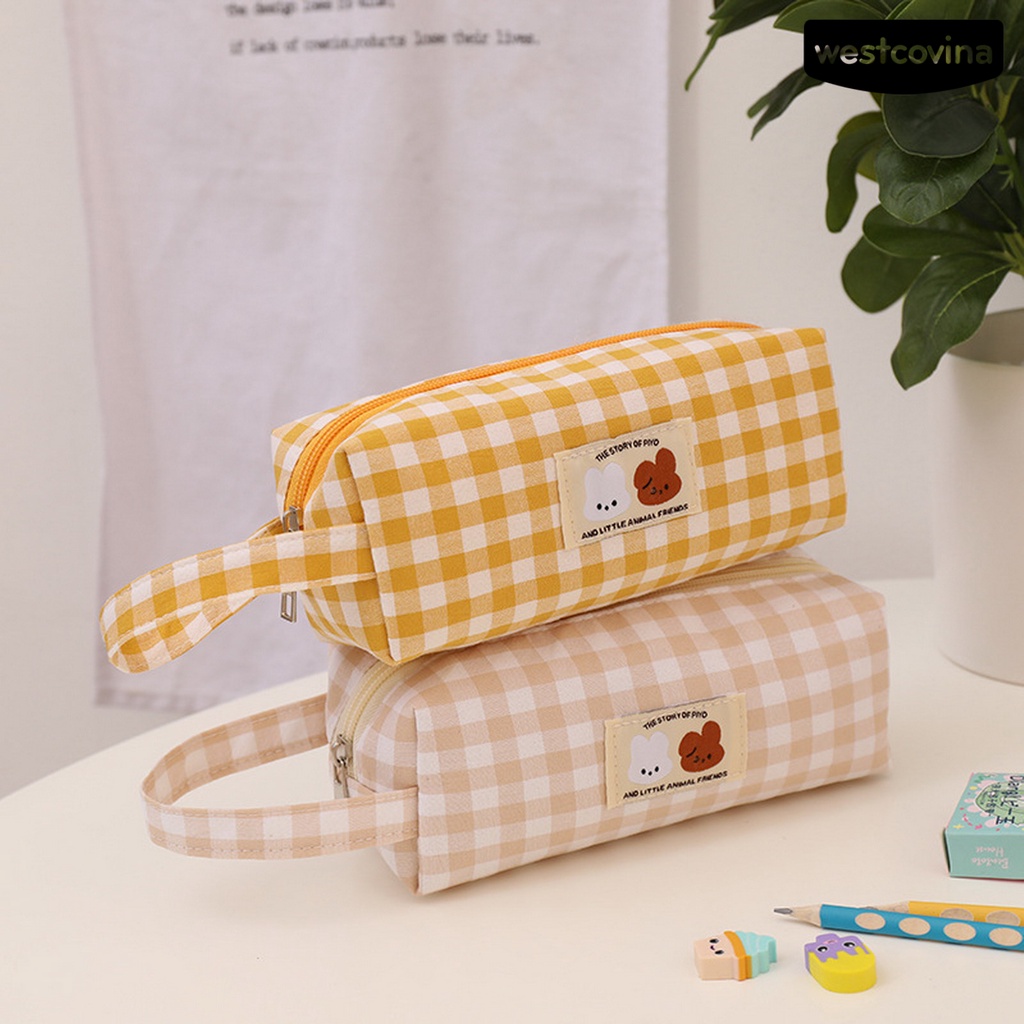 [WSTN] [WSTN]✎Túi Đựng Bút Chì Kẻ Sọc Caro Có Quai Cầm Và Khóa Kéo Dễ Thương Cho Bé