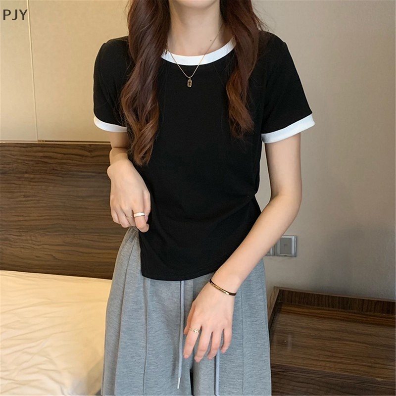 Áo Thun Ngắn Tay Cổ Tròn Màu Sắc Tương Phản Thời Trang Mùa Hè Cho Nữ PJ