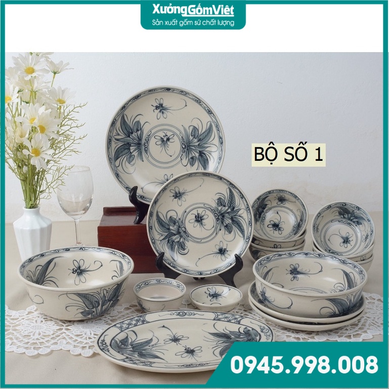 Bộ bát đĩa chuồn chuồn lá khoai giả cổ- hàng gốm sứ Bát Tràng cao cấp, hàng rất nặng tay, chất lượng tuyệt vời