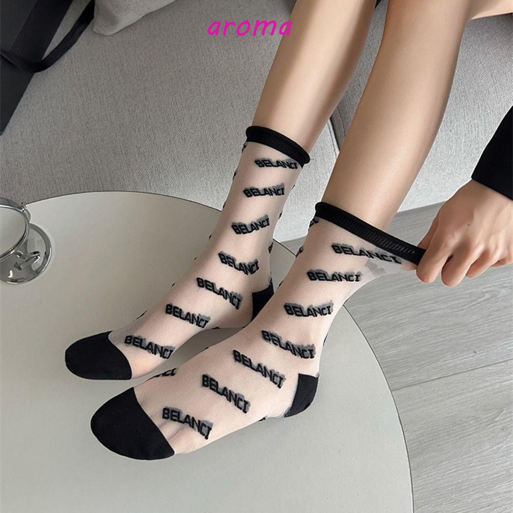 AROMA Vớ Lụa Thủy Tinh Siêu Mỏng Co Giãn In Họa Tiết Sọc Dễ Thương Dành Cho Nữ