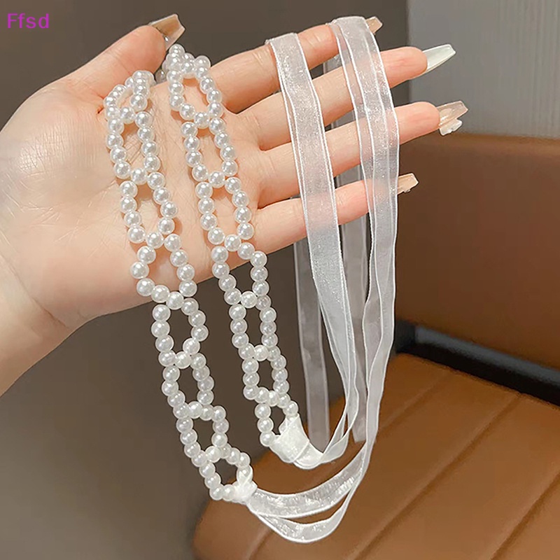 {Ffsd} Vòng Cổ Choker Dây Ruy Băng Dài Đính Hạt Ngọc Trai Pha Lê Ngọt Ngào Lãng Mạn Hàng Bán Chạy *