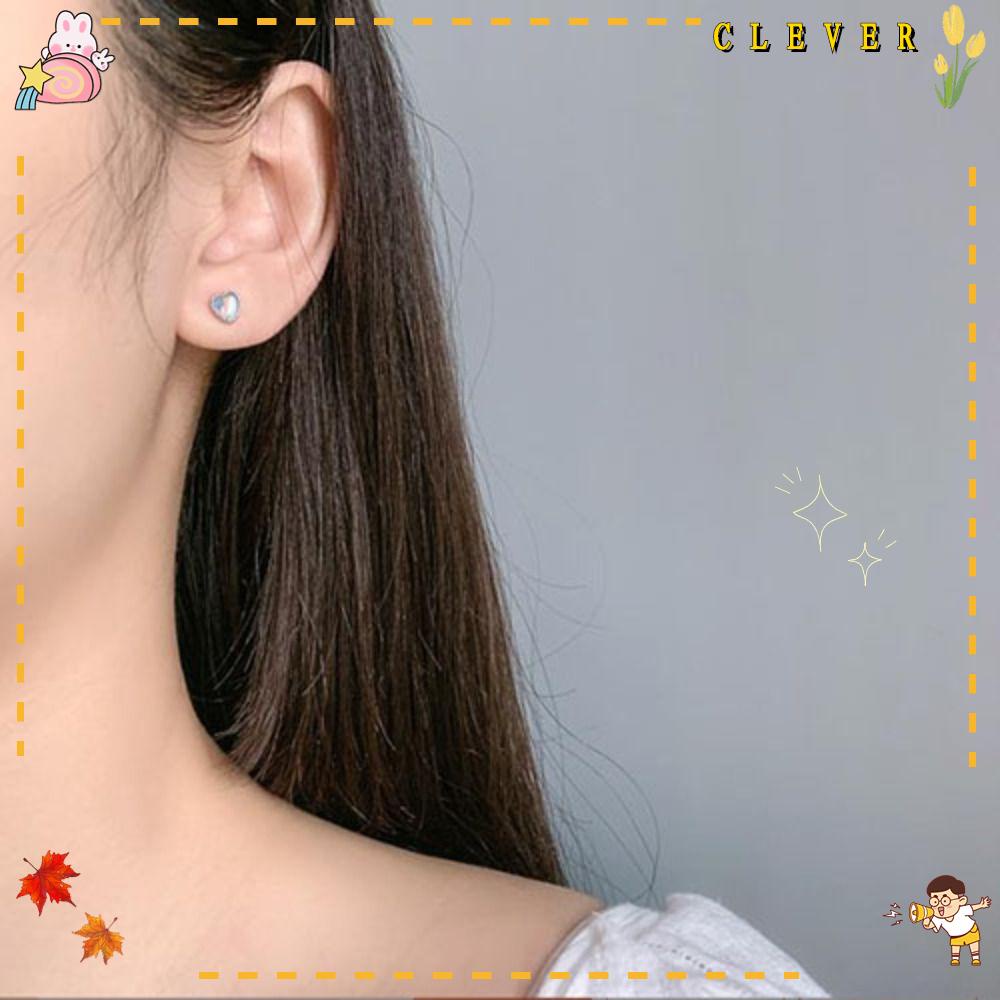 CLEVER Bông Tai Mạ Bạc 925 10mm Hình Trái Tim Đính Đá Mặt Trăng Đá Quý Chất Lượng Cao Cho Nam Nữ