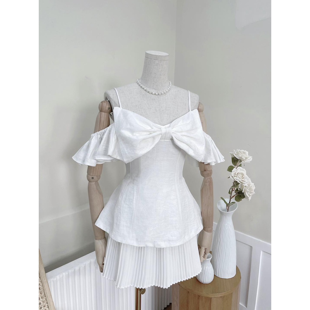 Áo peplum 2 dây nơ to tay rớt vải gân xượt siêu đẹp