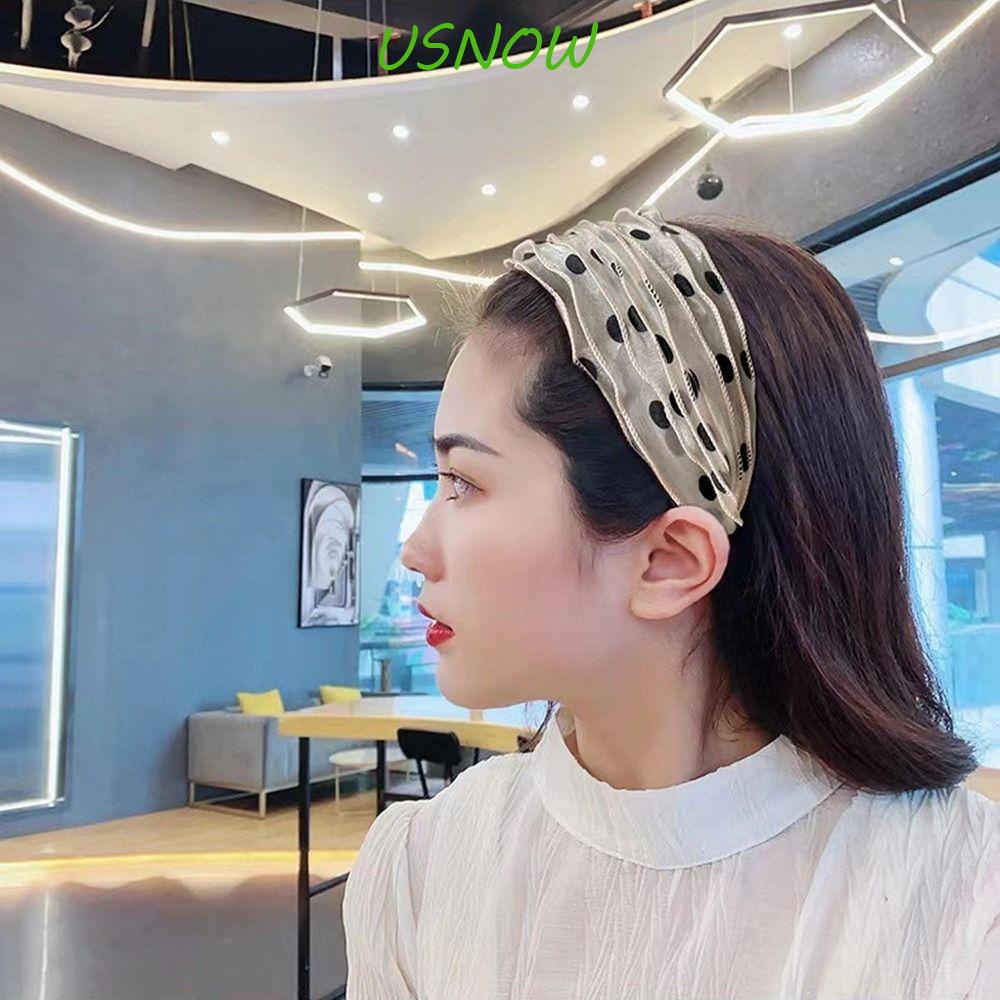 USNOW Băng Đô Bản Rộng Họa Tiết Chấm Bi Phối Ren Màu Trắng Thời Trang Chống Trượt Cho Nữ