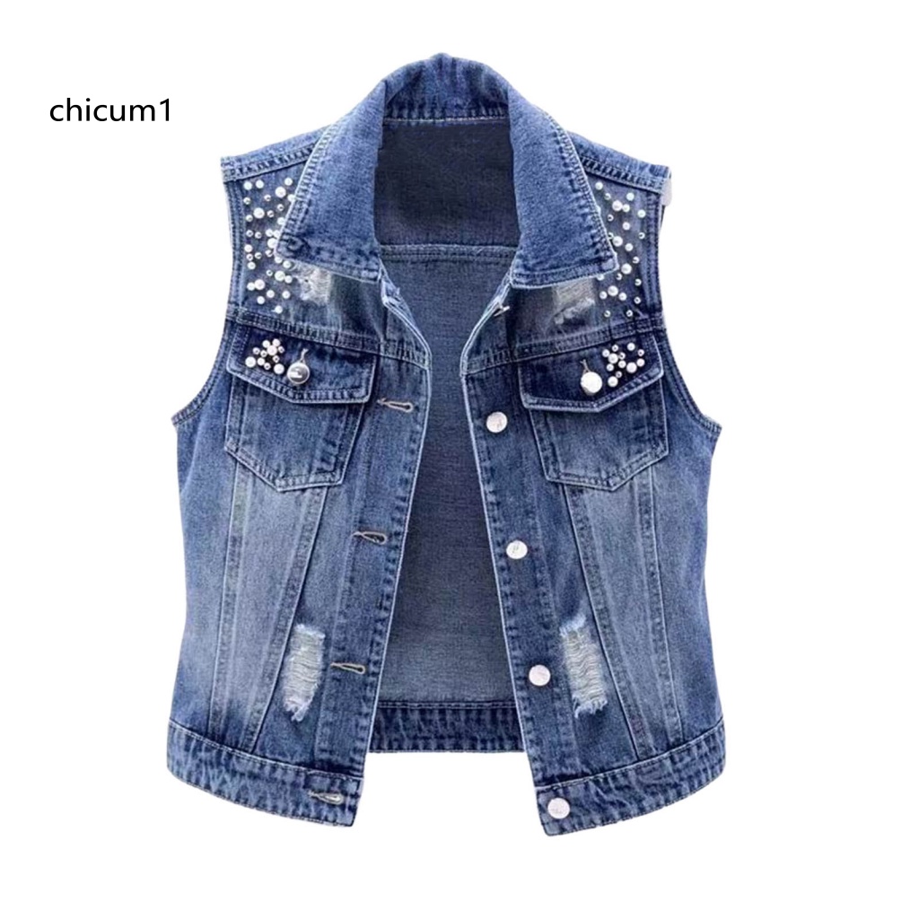 Áo Khoác Denim Không Tay Một Hàng Nút Màu Trơn Phối Lỗ Rách Đính Hạt Trang Trí Thời Trang Đường Phố Cho Nữ