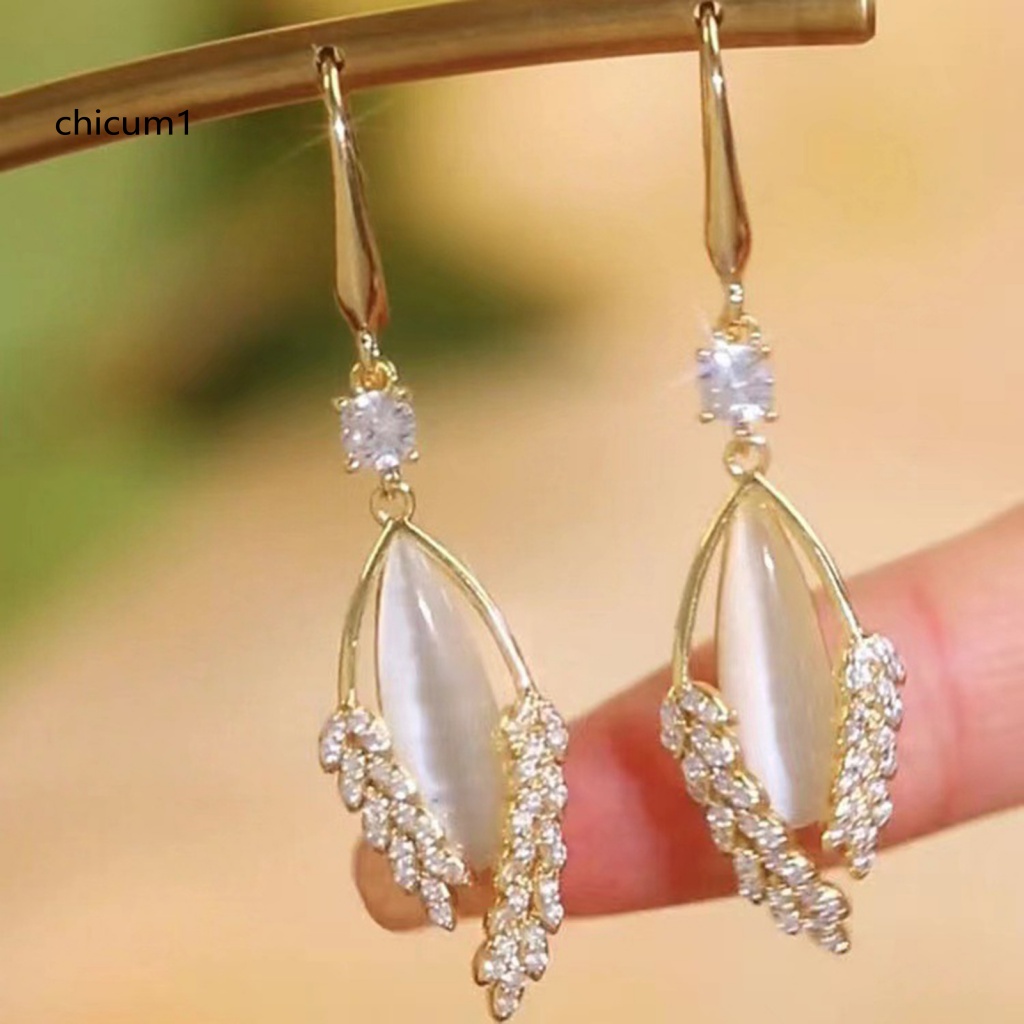 1 Đôi Bông Tai Hình Chiếc Lá Đính Đá Mắt Mèo Giả Thời Trang Sang Trọng Dành Cho Nữ