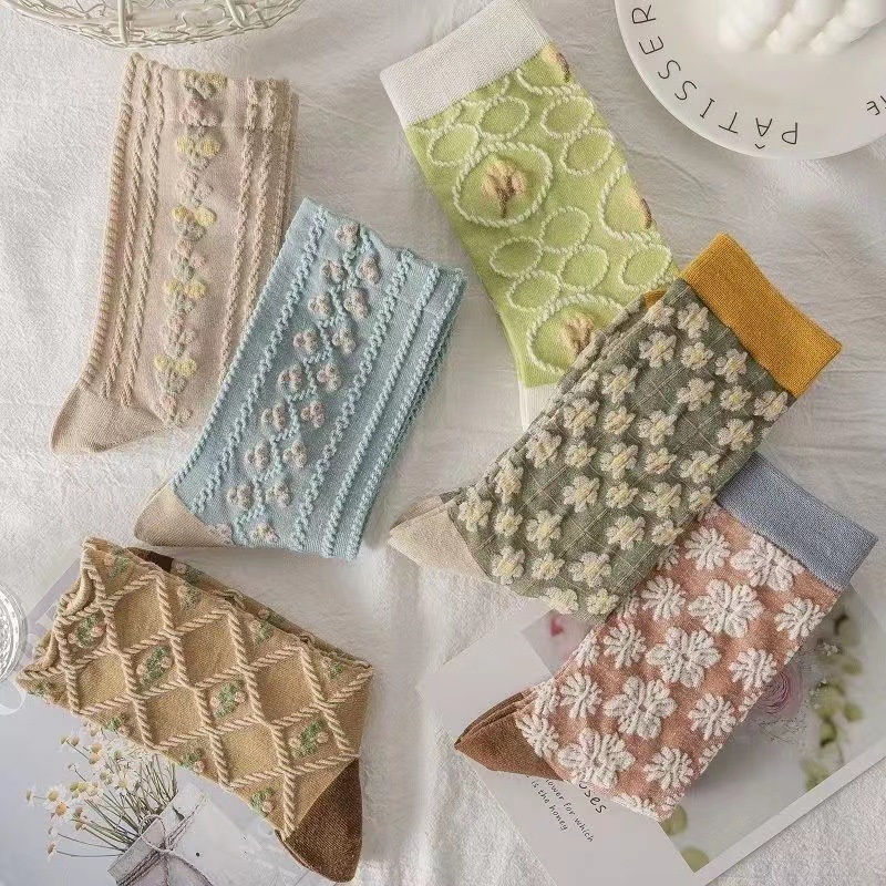 Vớ Cotton Cổ Cao Họa Tiết Dập Nổi Phong Cách Hàn Quốc Thời Trang Thu Đông Cho Nữ