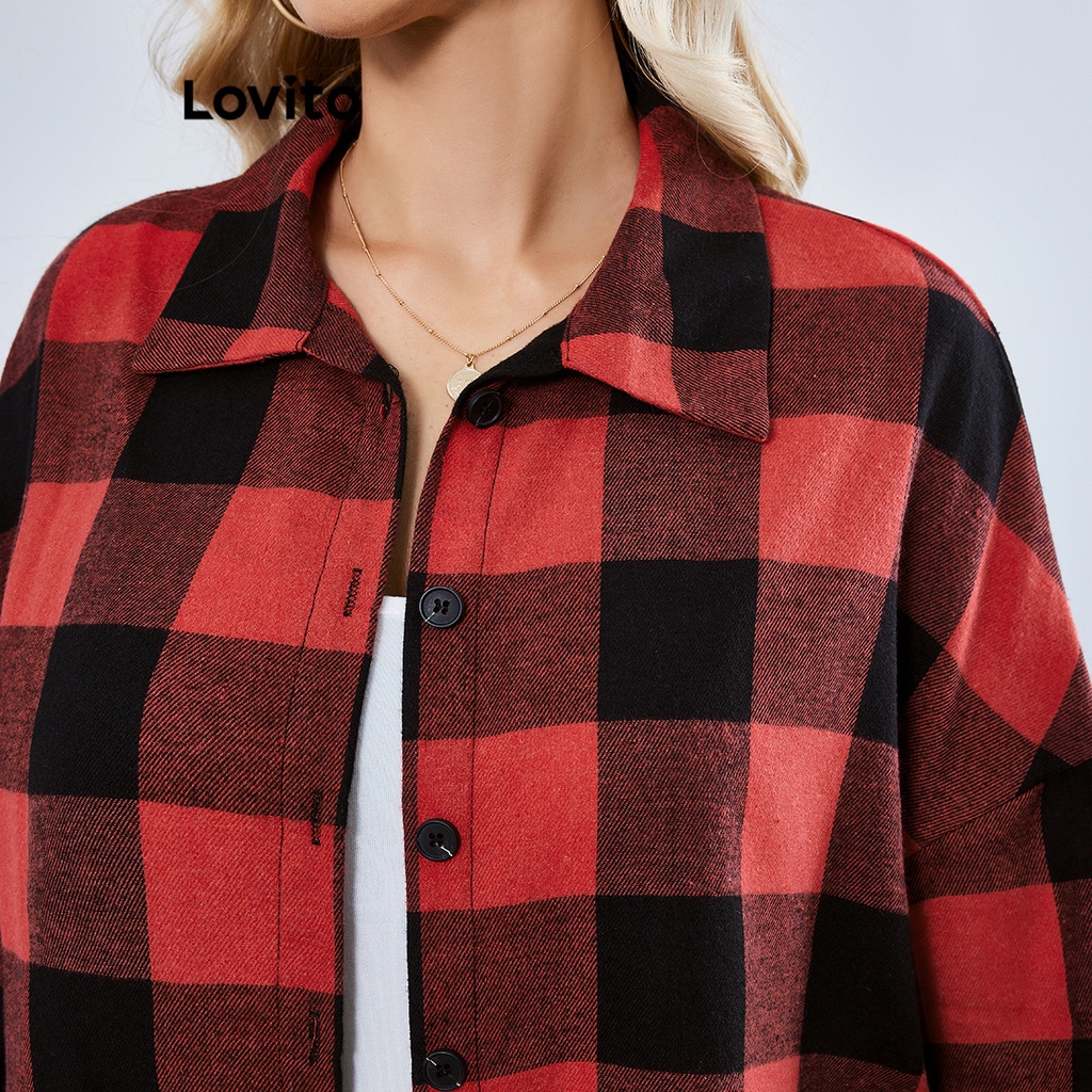 Lovito Áo sơ mi kẻ sọc phía trước họa tiết kẻ sọc đơn giản cho nữ LBE01063 (Màu đỏ)