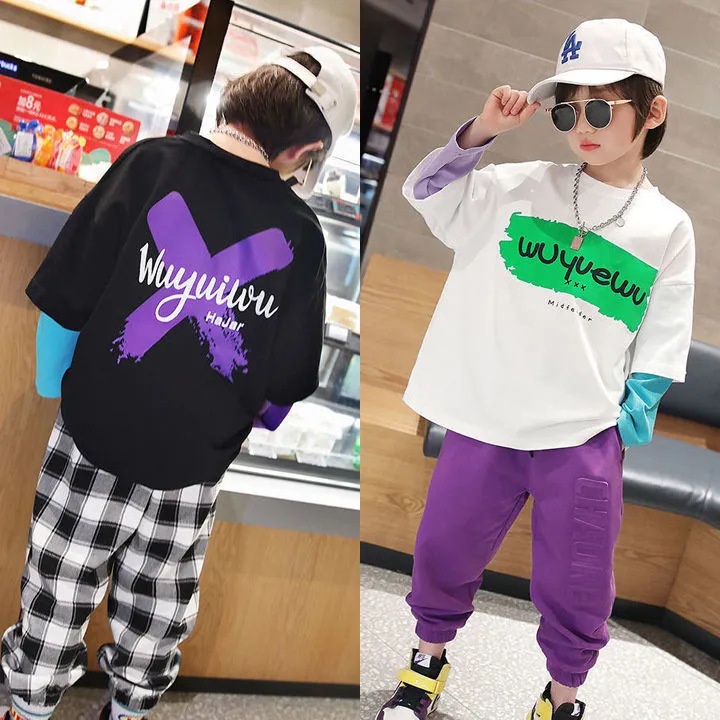 Boys fall fake two pieces new long-sleeved t-shirt trẻ em phiên bản hàn quốc của loose handsome splicing tops trẻ trung và lớn