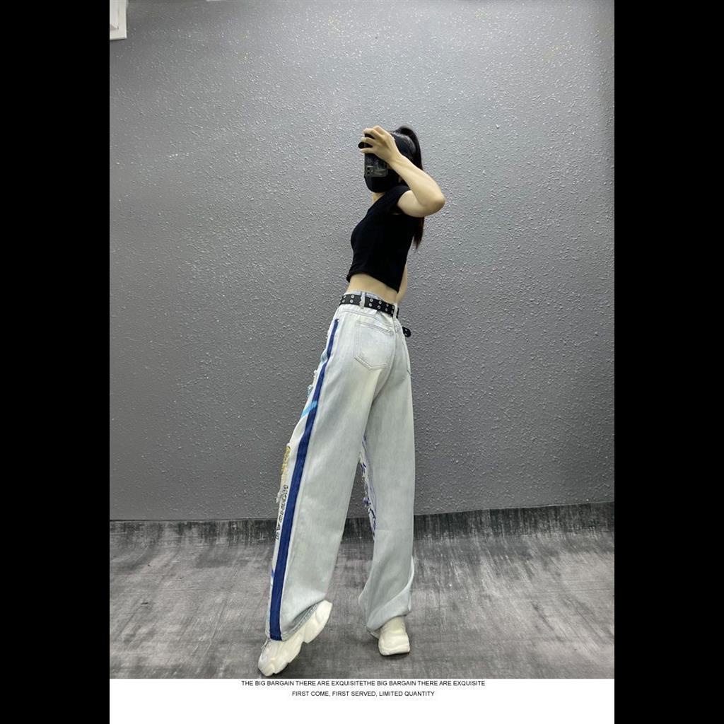 Quần Jean Cạp Cao Dáng Rộng In Chữ Distress Hợp Thời Trang Cho Nữ