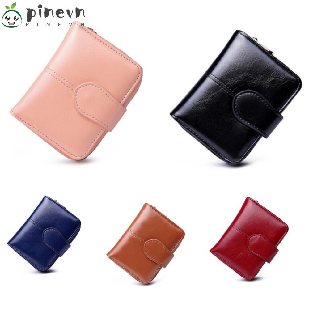 PINEVN Ví Đựng Tiền / Thẻ Bằng Da Pu Màu Trơn Nhỏ Gọn Có Khóa Kéo Thời Trang Cho Nữ