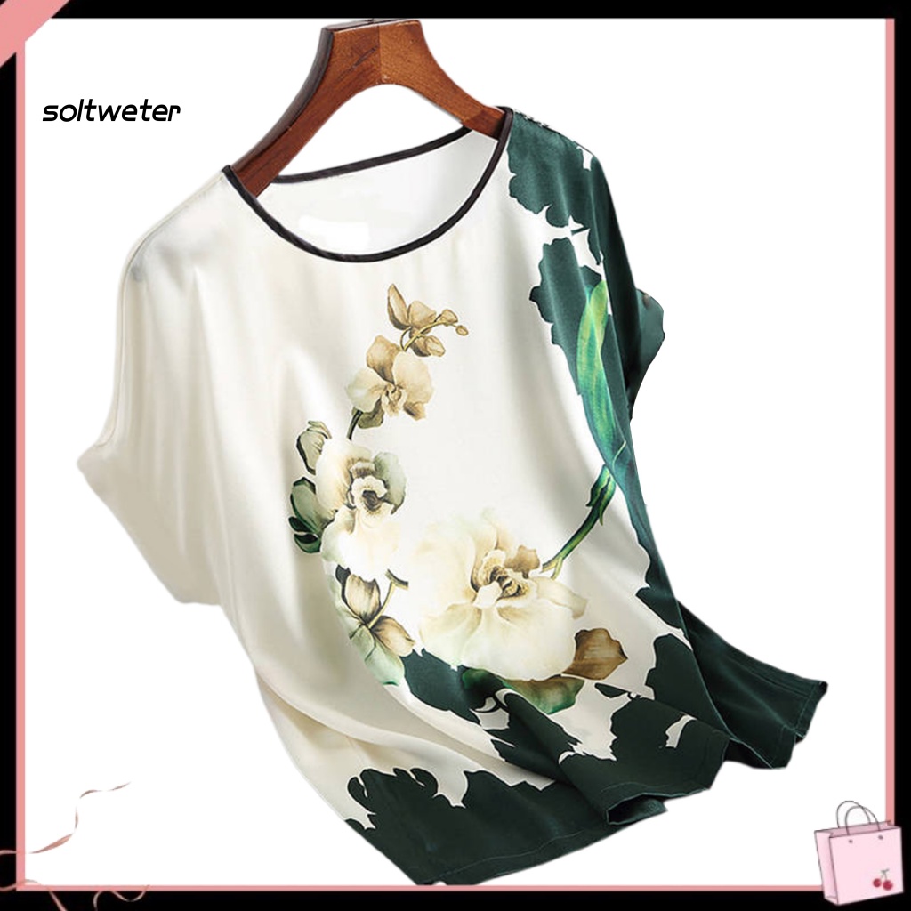 Áo Thun Lụa Lạnh Cổ Thuyền In Họa Tiết Hoa Thời Trang Mùa Hè Xinh Xắn Cho Nữ