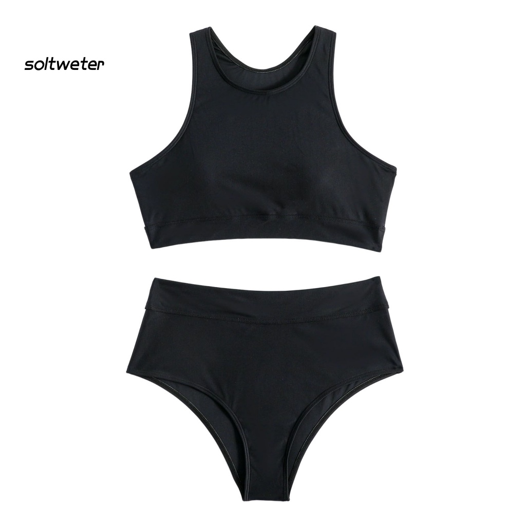 Bộ Bikini 2 Mảnh Không Gọng Cổ Tròn Lưng Cao Màu Trơn Cho Nữ