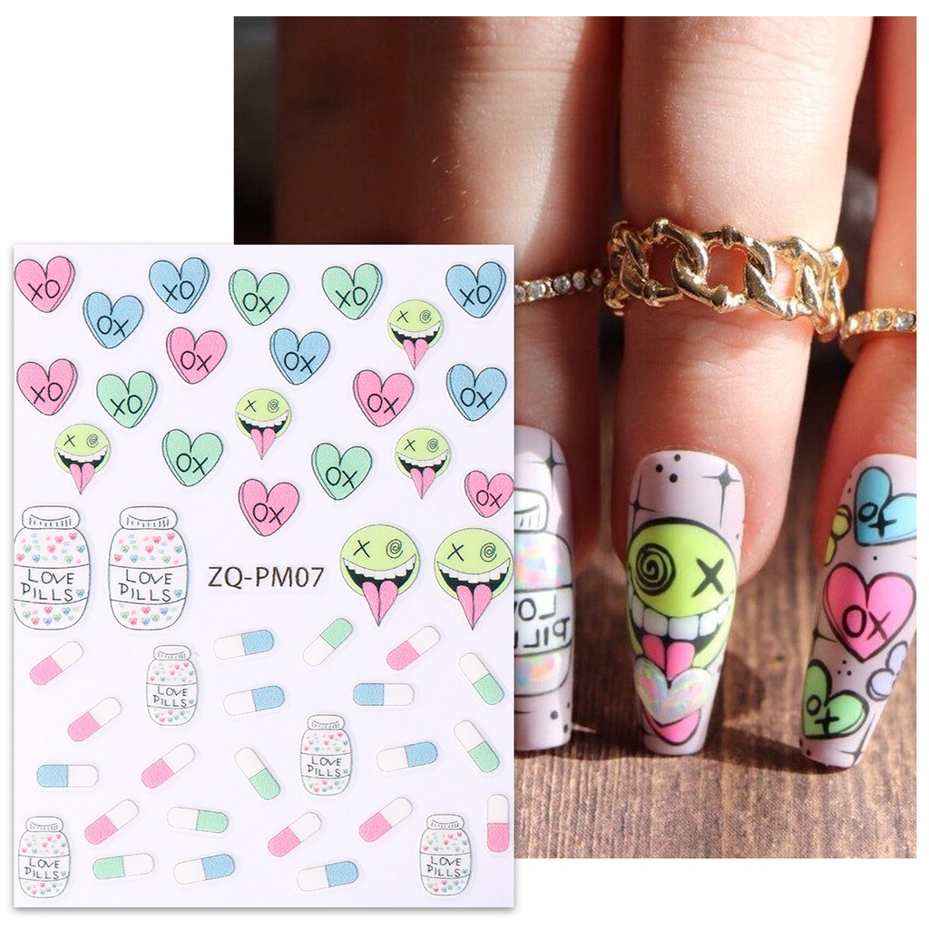 Miếng Dán Trang Trí Móng Tay In Chữ Tiếng Anh Flying Saucer Love Nấm Dopamine Màu Sắc Mùa Hè Y2K