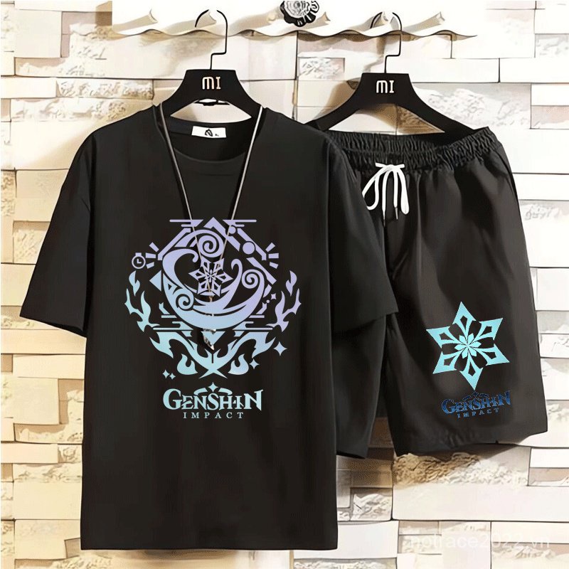 ★Genshin Impact★Ayaka & Shenhe & Eula Merchandise Áo Thun Ngắn Tay + Quần Short Giản Dị Dành Cho Học Sinh
