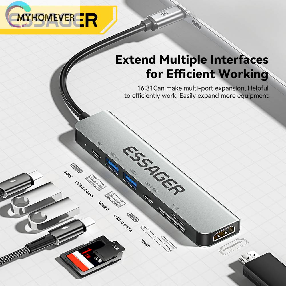 Bộ Chia Cổng USB Type-C HDMI 7 Trong 1 Hỗ Trợ PD60W