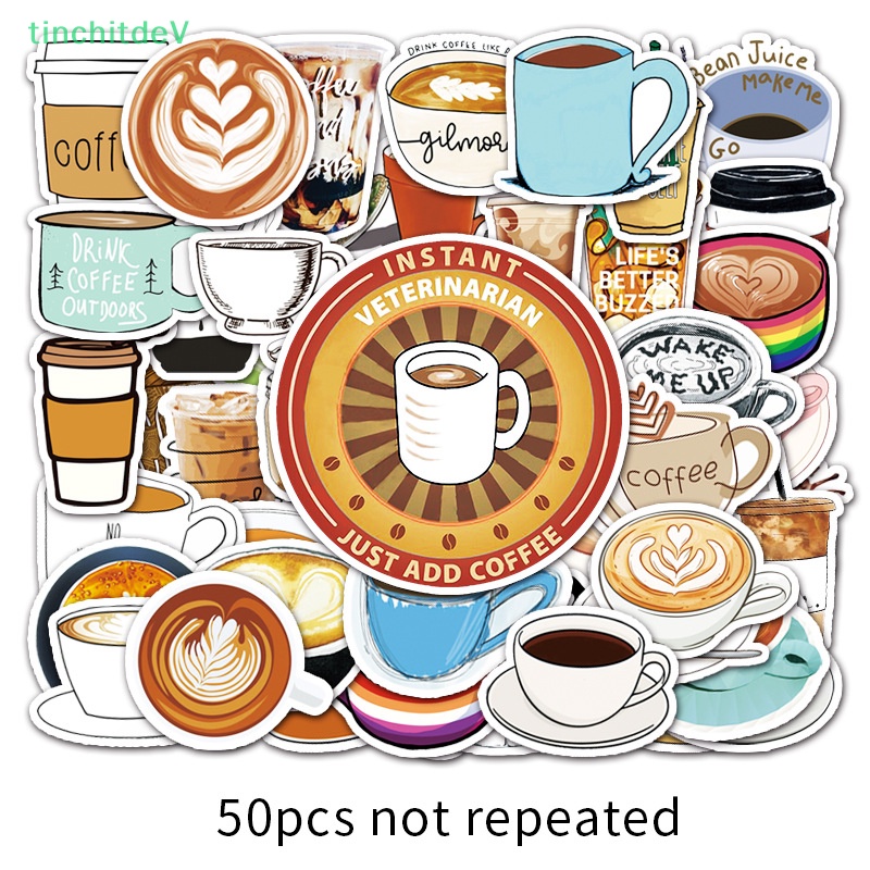 Bộ 50 Miếng Dán Hình Cà Phê Hoạt Hình Trang Trí Laptop / Scooter DIY