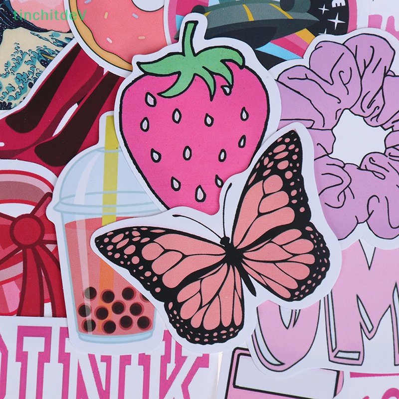 Bộ 50 Đề Can Họa Tiết Hoạt Hình Màu Hồng Dùng Để Trang Trí Vali / Laptop / Xe Đạp / Xe Hơi