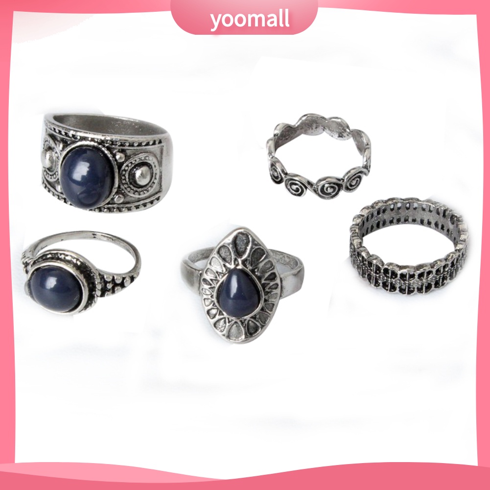 Bộ 5 Nhẫn Hợp Kim Đính Đá Xanh Phong Cách Bohemian Cổ Điển
