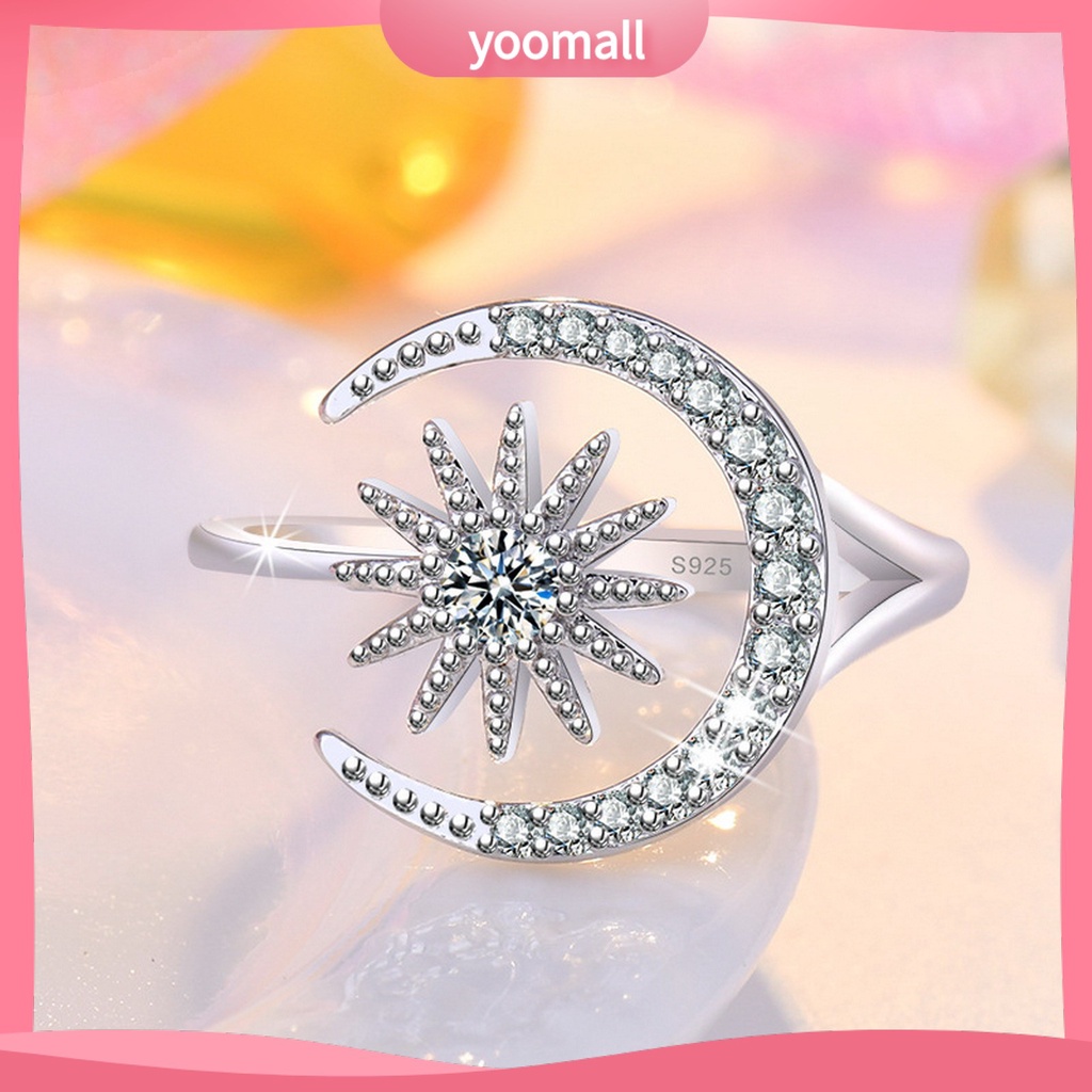 [YM] Nhẫn Mở Hình Học Đính Đá Mặt Trăng Ngôi Sao Thanh Lịch Làm Quà Tặng Trang Sức Cho Nữ