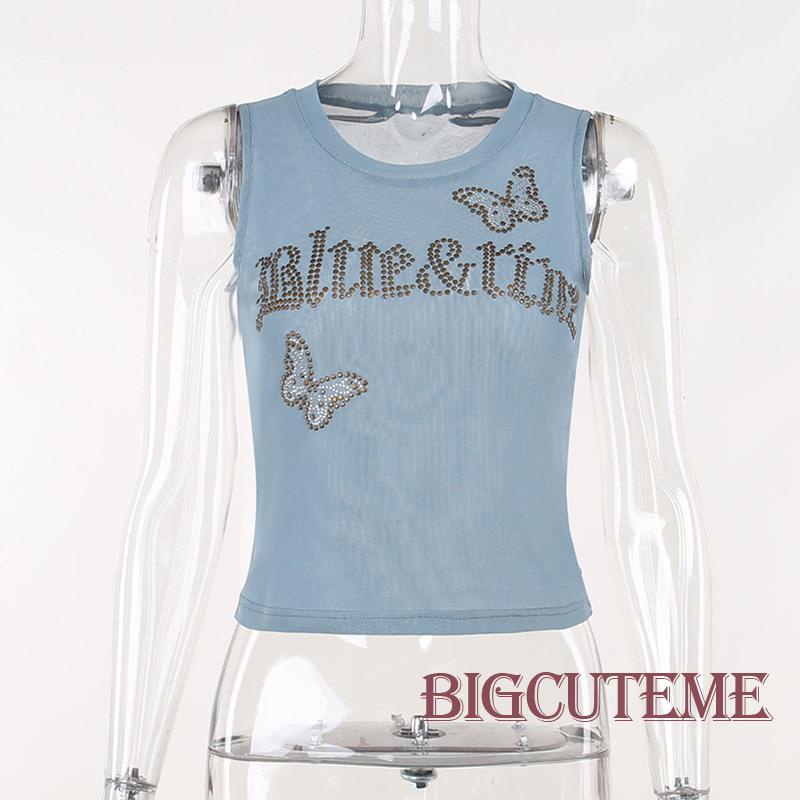 Áo Croptop Sát Nách In Chữ Đính Đá Phong Cách Đường Phố Thời Trang Mùa Hè Cho Nữ