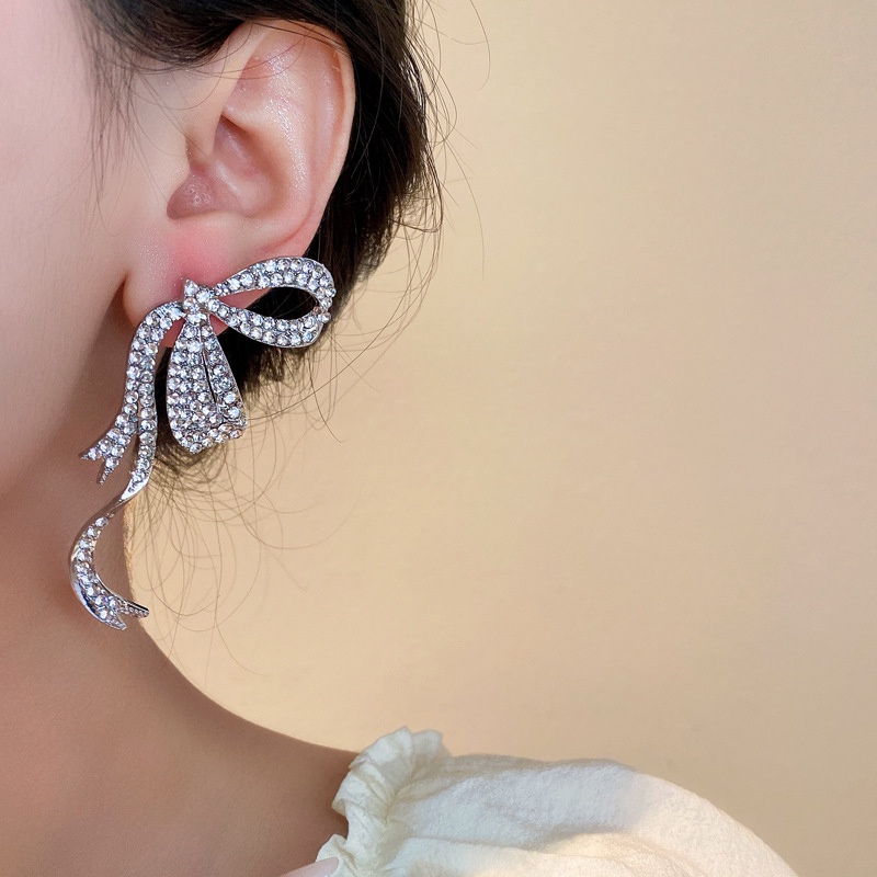 Bông Tai Bạc Dáng Dài Hình Nơ Đính Đá Thời Trang Cao Cấp Cho Nữ