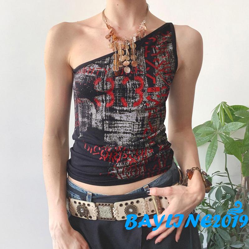 Áo Tank Top Nữ Cộc Tay Lệch Vai In Chữ Thời Trang