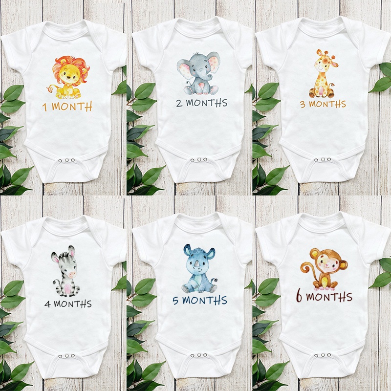 Rừng Safari Động Vật Đảng Cột Mốc Onesies Sơ Sinh Bé Hàng Tháng Áo Liền Quần Ngộ nghĩnh Cho Bé 1-12 