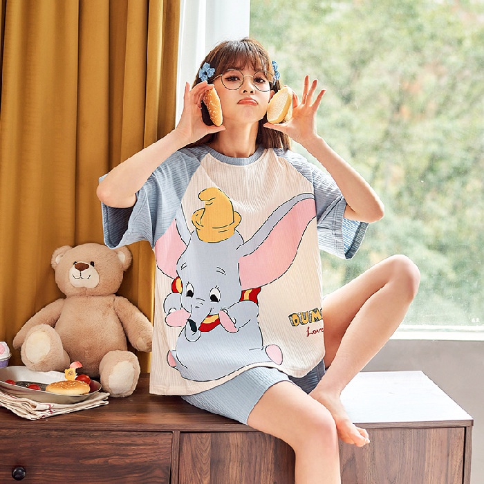 Bộ Đồ Mặc Ở Nhà Ngắn Tay Chất Liệu cotton in Hình Hoạt Hình Dành Cho Nữ